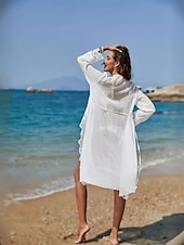 baratos Vestidos de Praia-Mulheres Roupa de Banho Cobertura roupa de banho Elegante Moda Poá Manga Longa Fatos de banho