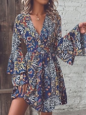 abordables Robes Bohémiennes-Femme Mini robe Robe casual Robe Évasée Robe Trapèze robe boheme Bohême Rétro Vintage Décontractées du quotidien Standard Floral Cachemire manche longue Col V Rouge Bleu Arc-en-ciel Eté Printemps