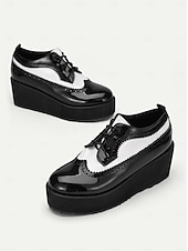 preiswerte Damenschnürschuhe-schwarz-weiße Damen-Brogue-Oxfords mit Plateausohle – Schnürschuhe aus Vintage-Lackleder mit dicker Sohle