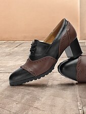 cheap 1950s-Women&#039;s Vintage-Inspired Two-Tone Faux Leather Brogue Oxfords with Block Heel - Classic and Comfortable for Work or Casual Wear