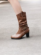 olcso Slouch Boots-barna, térdig érő női csizma csatos részletekkel és blokksarkúval – klasszikus és sokoldalú lábbeli hétköznapi és őszi ruhákhoz
