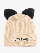 cheap Women&#039;s Hats-Women&#039;s Cute Cat Ear Beanie – Burgundy Knit Hat with Faux Fur Ears and Whisker Embroidery, Cozy and Stylish Winter Accessory