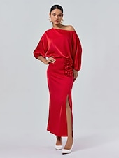 economico Women&#039;s Sets-Set di due pezzi per invitati al matrimonio in raso, collo slash floreale, maniche a Giulietta, gamba larga