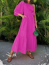 abordables Robes de vacances-Robe casual Robe unie Femme Robe Maxi A Volants Poche Sport &amp; Loisir Plein Air Décontractées Une Epaule Manches 3/4 Standard Jaune Fuchsia Orange S M L XL