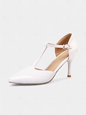 economico Semi-formale-eleganti tacchi a spillo con cinturino a T in vernice rossa da donna - ideali per matrimoni e occasioni speciali