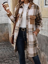 billiga Kappor och trenchcoats-Dam Vinterkappa Utomhus Gata Dagliga kläder Höst Vinter Lång Täcka Normal Håller värmen Andningsfunktion Stylish Ledigt Jacka Långärmad Ränder och pläd Med fickor Mönster Vin Kaffe Grå