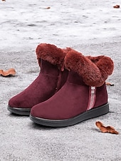 baratos Botas de neve e inverno-botins femininos de camurça bordô com punho de pele sintética e sola antiderrapante – calçados quentes de inverno para uso casual e ao ar livre