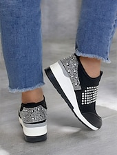 billige Sneakers til kvinner-rhinestone slip-on plattformsneakers for kvinner – stilige fritidssko med piggpynt og komfortabel kilehæl