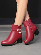 baratos Botas de tornozelo-botins femininos pretos - couro sintético com forro de pelúcia, zíper lateral e salto bloco para moda de inverno e uso casual