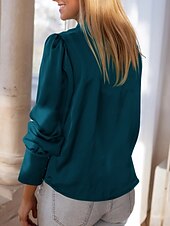 preiswerte Elegante Oberteile-Damen Hemd Bluse Feste Farbe Basic Brautkleider schlicht Langarm Hemdkragen Normale Oberteile Täglich Knopf Schwarz Blau Beige Herbst Winter