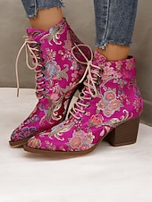 economico Stivali alla caviglia-stivaletti allacciati con ricami floreali da donna - in raso rosa acceso con tacco spesso per outfit casual, da festa o boho-chic