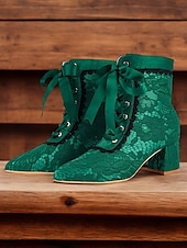 voordelige jaren 30-Groene Victoriaanse veterlaarzen voor dames met bloemenkanten overlay en lintstrik – vintage stijl voor speciale gelegenheden