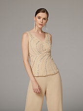 abordables Costumes-pantalons pour maman-Combination  Pantalon Mère de la Mariée  Ensemble de 3 Pièces de Mariage à la Plage Élégante Luxueuse Col en V Longueur de Sol Chiffon Dentelle Sans Manches Enveloppement Inclus avec Broderies Sequin