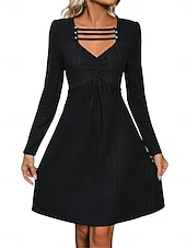 preiswerte schwarzes Minikleid-Damen schwarzes kleid Minikleid Ausgehöhlt Brautkleider schlicht V Ausschnitt Langarm Schwarz Farbe