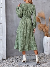 ieftine Rochii florale elegante-rochie midi dama cu decolteu in V cu maneca lunga vara primavara