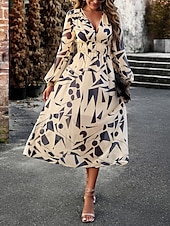 preiswerte Lässige Blumenkleider-Damen Maxidress Casual kleid Schaukelkleid A Linie Kleid Brautkleider schlicht Täglich Regular Fit Blumen Langarm V Ausschnitt Rote Blau Aprikose Sommer Frühling Herbst