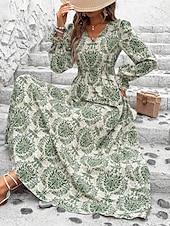 preiswerte Ausgefallene Kleider-Damen Maxidress Casual kleid Schaukelkleid A Linie Kleid Boho-Kleid Brautkleider schlicht Täglich Regular Fit Blumen Langarm V Ausschnitt Schwarz Weiß Grün Sommer Frühling Herbst