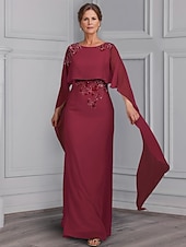 tanie Długość podłogi-sukienka typu tuba/kolumna sukienka dla matki panny młodej elegancka dekolt w łódkę długość do ziemi elastyczny szyfon długi rękaw z koronką kwiatową 2025