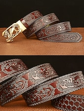 رخيصةأون أحزمة رجالية-حزام جلدي بني للرجال بتصميم تنين منقوش وإبزيم ذهبي - طراز عتيق، مثالي للارتداء الرسمي وغير الرسمي