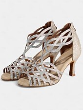 abordables Chaussures de danses latines-sandales de danse noires à strass pour femmes avec design à lanières et talon moyen – parfaites pour la danse de salon, la salsa et la danse latine