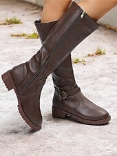 baratos Botas da moda-botas femininas marrons de cano alto com zíper lateral e fivela, salto baixo e design durável – perfeitas para uso casual e ao ar livre