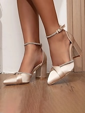 economico Semi-formale-scarpe con cinturino alla caviglia in raso champagne con tacco a blocco e dettagli in strass – eleganti tacchi da sposa e da sera da donna