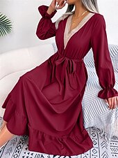 abordables Robe de cocktail-Robe casual Robe Évasée Robe Trapèze Femme Robe mi-longue Patchwork Avec ceinture Sport &amp; Loisir Plein Air Décontractées Col V manche longue Standard Noir Vin Vert S M L XL