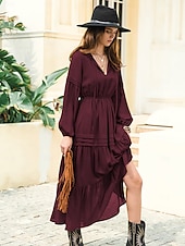 preiswerte Elegante Blumenkleider-Damen Maxidress Casual kleid Boho-Kleid Feste Farbe Retro Romantisch Täglich Verabredung Urlaub Patchwork Mit Gürtel Langarm V Ausschnitt Kleid Regular Fit Wein Herbst Winter S M L XL XXL