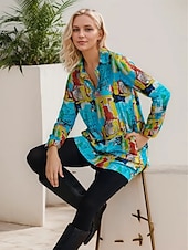 baratos vestido casual estampado-vestido mini camisa rayon graffiti com punho e lapela