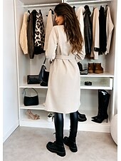 cheap Coats &amp; Trench Coats-Women&#039;s Coat Warm Comfortable Buttons With Belt Elegant Solid Color Casual Daily Double Breasted Lapel Regular Fit Long Sleeve Outerwear Black Red Apricot Winter