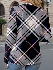 billige Stripe og geometrisk t-skjorte-Dame T skjorte Ruter Fritid Langermet Crew-hals Vanlige topper Daglig Knapper Trykt mønster Asymmetrisk Navyblå Vår &amp; Vinter
