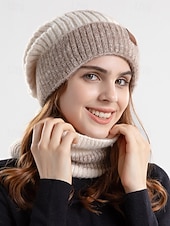 رخيصةأون قبعات نسائية-طقم قبعة ووشاح محبوك مريح وأنيق للنساء مع بطانة من الصوف وغطاء للأذن - دافئ ومريح لفصل الشتاء