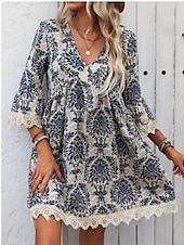 preiswerte Ausgefallene Kleider-Damen Minikleid Casual kleid Boho-Kleid Brautkleider schlicht Täglich Regular Fit Blumen 3/4 Ärmel V Ausschnitt Wein Blau Grün Sommer Frühling Herbst