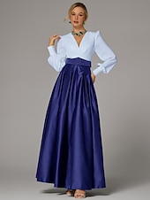 cheap GREEN-A-Line Evening Gown High Split Dress Formal Wedding Guest Floor Length Long Sleeve V Neck Fall Wedding Guest Satin with Pleats Slit