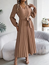 cheap Work Dresses-Women&#039;s Vintage Dress Mini Dress Pleated High Waist Elegant Formal V Neck Long Sleeve Blue Green Khaki Color