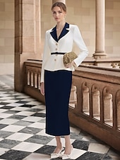 preiswerte Cocktailkleider-Zweiteiliges Sheath  Säulen Cocktailkleider Tuxedo Kleid Elegantes Kleid Formal Knie-Länge Langarm Reverskragen Stretch Krepp mit Schlitz Kleidern