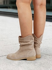 levne Slouch Boots-dámské béžové semišové kotníkové boty – ležérní a pohodlné boty západního stylu na nízkém podpatku