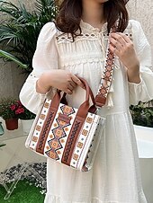 olcso Kézitáskák és bevásárlótáskák-női boho etnikai mintás táska – vintage ihletésű vászon kézitáska bőr díszítéssel, ideális alkalmi kirándulásokhoz és mindennapi használatra