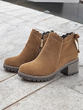 preiswerte Stiefeletten-braune Wildlederstiefeletten für Damen mit gewelltem Rand und Blockabsatz – lässiger Vintage-Stil für jeden Tag