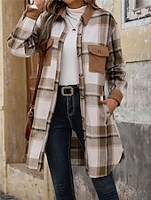 billiga Kappor och trenchcoats-Dam Vinterkappa Utomhus Gata Dagliga kläder Höst Vinter Lång Täcka Normal Håller värmen Andningsfunktion Stylish Ledigt Jacka Långärmad Ränder och pläd Med fickor Mönster Vin Kaffe Grå