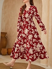 preiswerte Elegante Blumenkleider-Damen Maxidress Casual kleid Schaukelkleid A Linie Kleid Brautkleider schlicht Täglich Regular Fit Blumen Langarm V Ausschnitt Weiß Rote Sommer Frühling Herbst