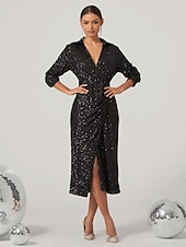 cheap Cocktail Dress-Women&#039;s Knee Length Dress Black Dress Sequin Dress Elegant Stylish Bishop Sleeve Cocktail Party Regular Fit Plain Long Sleeve V Neck Shirt Collar Black Fall Winter