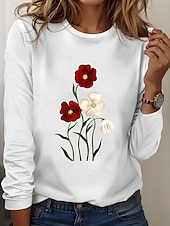 billige Blomster t-skjorte-Kvinners 100% Bomull Tunika T-skjorte Mote Casual Trykk Langermet Vanlige Topper Crew Hals Daglig Hvit Vår Høst Forhøst