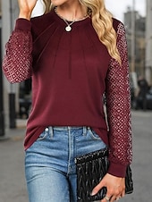 abordables Hauts en dentelle-Blouses Élégantes en Dentelle Top en Dentelle à Oeillets Décontractée Couleur Unie Regular Tops Manches Longues Col en V Dentelle Patchwork Ajustement Normal Quotidien Noir Vin Romantique Petits Tops