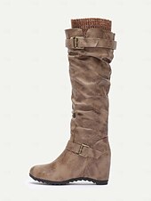 cheap Slouch Boots-Women&#039;s Distressed Tan Slouchy Knee-High Boots with Buckle Straps and Wedge Heel – Cozy Winter Boots with Knit Cuff for Casual Outfits
