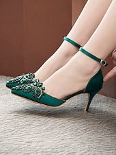 cheap Classic Pumps-Women's Emerald Green Satin Ankle Strap Heels – Pointed Toe Cocktail Shoes with Crystal Embellishments for Parties and Weddings