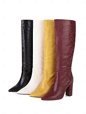 preiswerte Modische Stiefel-burgunderfarbene kniehohe Stiefel mit Krokoprägung für Damen – stylische Stiefel mit spitzer Spitze und Blockabsatz für die Herbst- und Wintermode