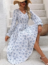 preiswerte Ausgefallene Kleider-Damen Maxidress Casual kleid Schaukelkleid A Linie Kleid Boho-Kleid Brautkleider schlicht Täglich Regular Fit Blumen Langarm V Ausschnitt Schwarz Weiß Grün Sommer Frühling Herbst