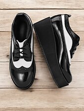 preiswerte Damenschnürschuhe-schwarz-weiße Damen-Brogue-Oxfords mit Plateausohle – Schnürschuhe aus Vintage-Lackleder mit dicker Sohle