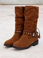 levne Slouch Boots-dámské polobotky z umělého semiše do půli lýtek s cvočkovým páskem a detaily se střapcem – ležérní boho styl na podzim a zimu